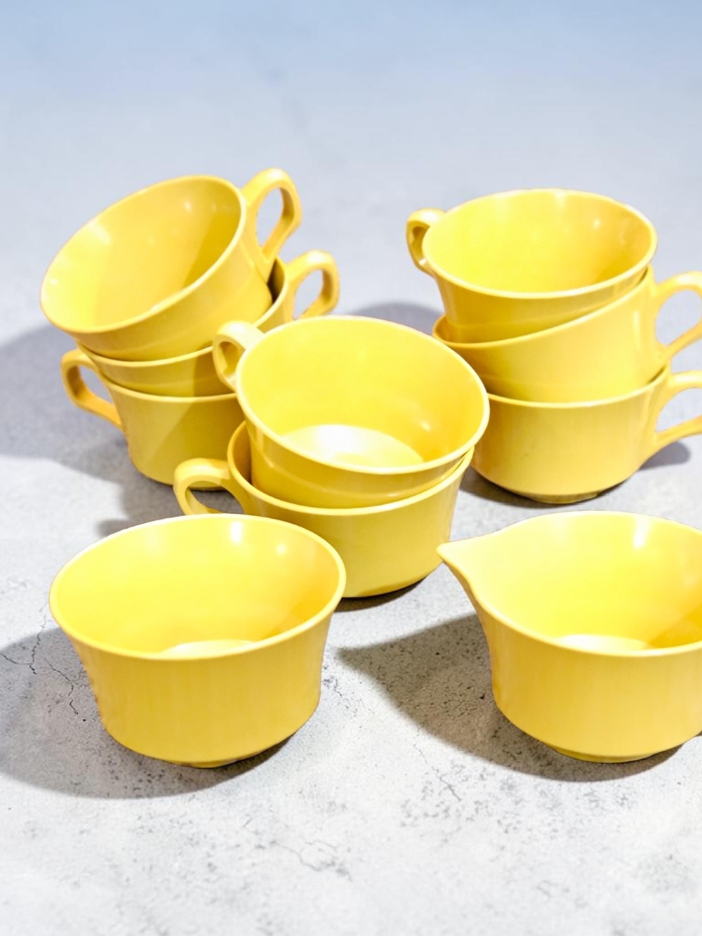 Set of Eight Melmac Cups With Creamer And Sugar In Harvest Gold